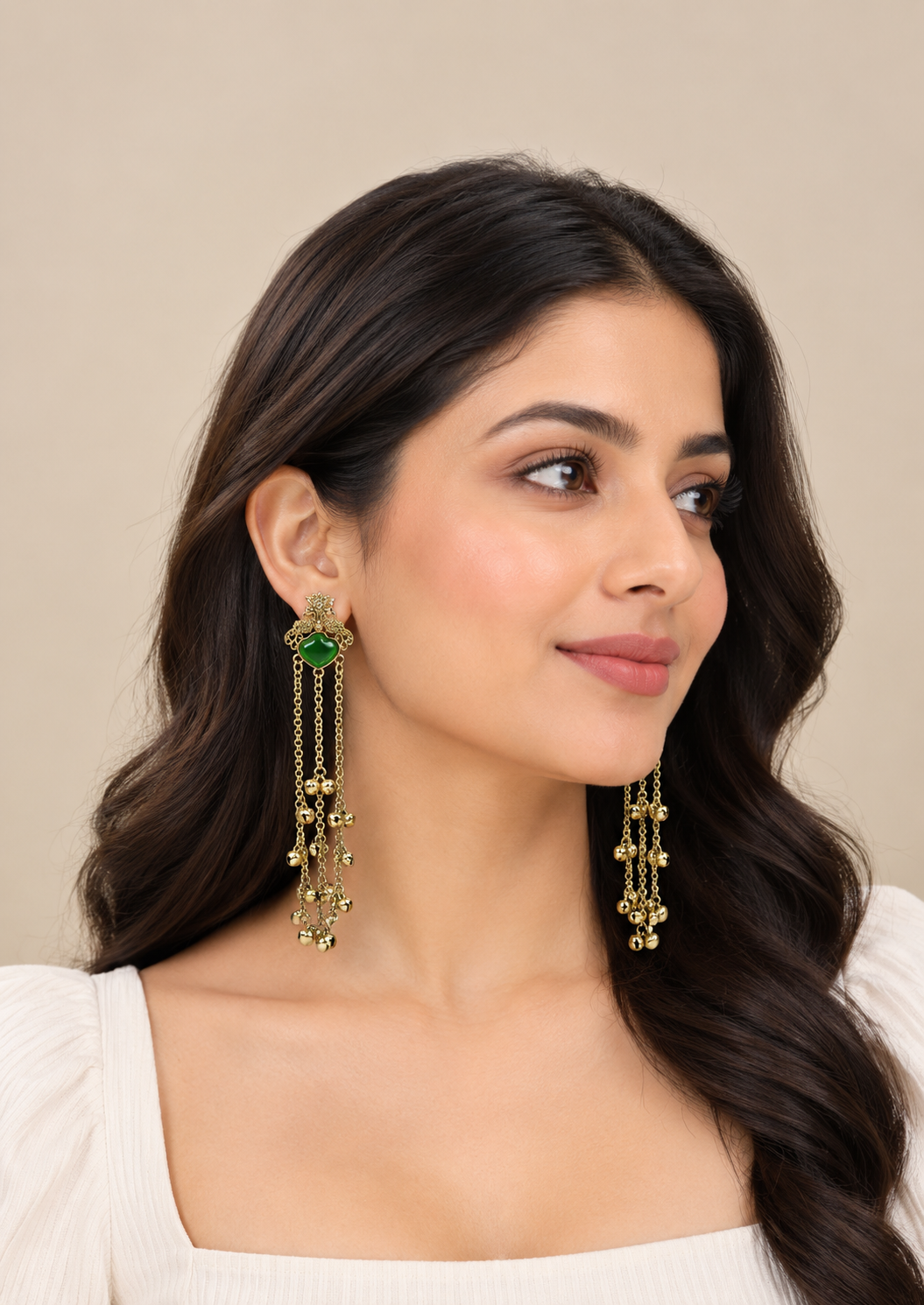 Emerald Heart Cascade Gold Statement Earrings