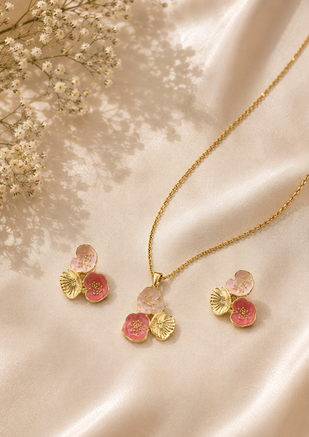Floral Trio Gold Necklace & Earrings Set