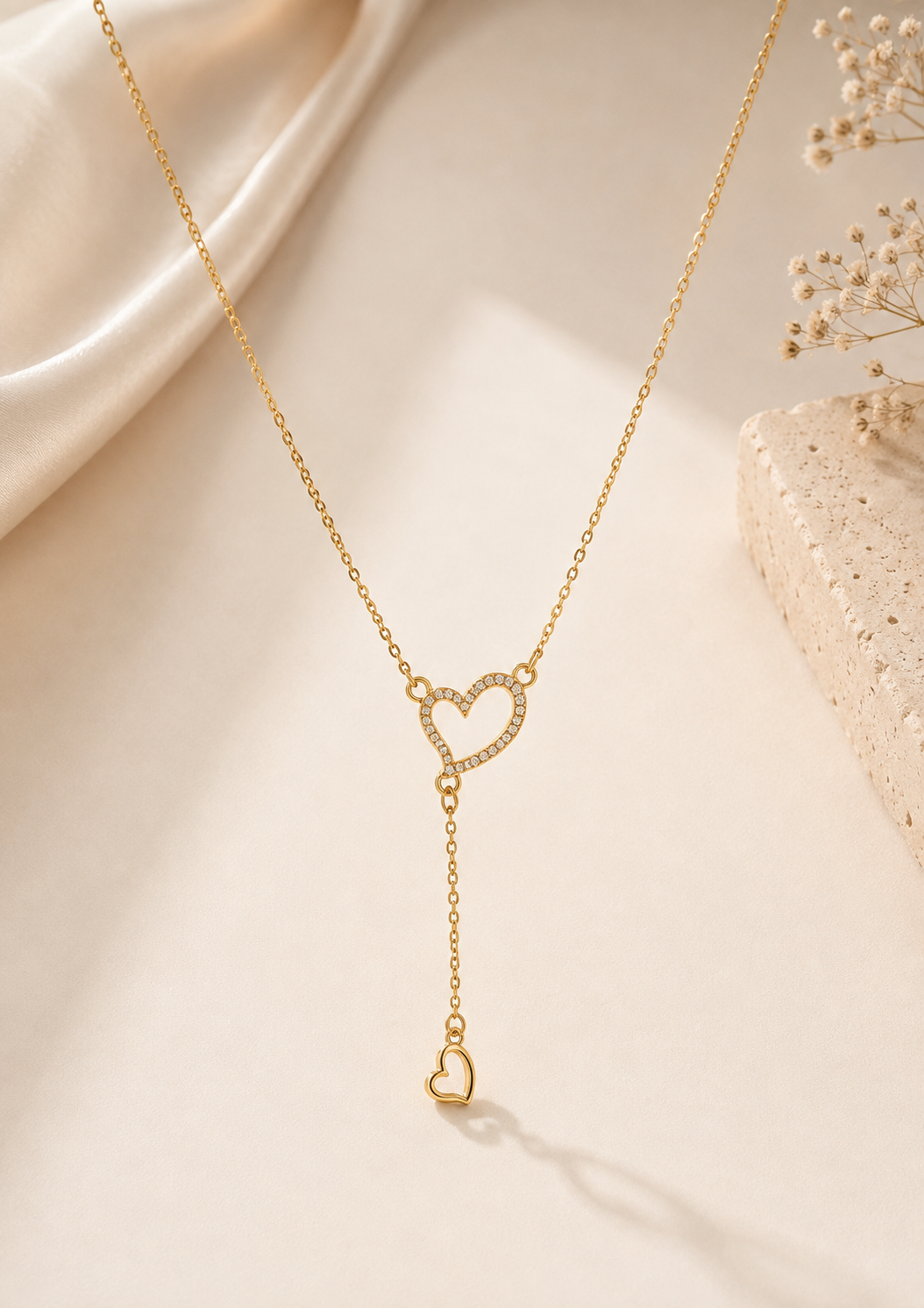 Elegant Double Rose Gold Heart Lariat Necklace