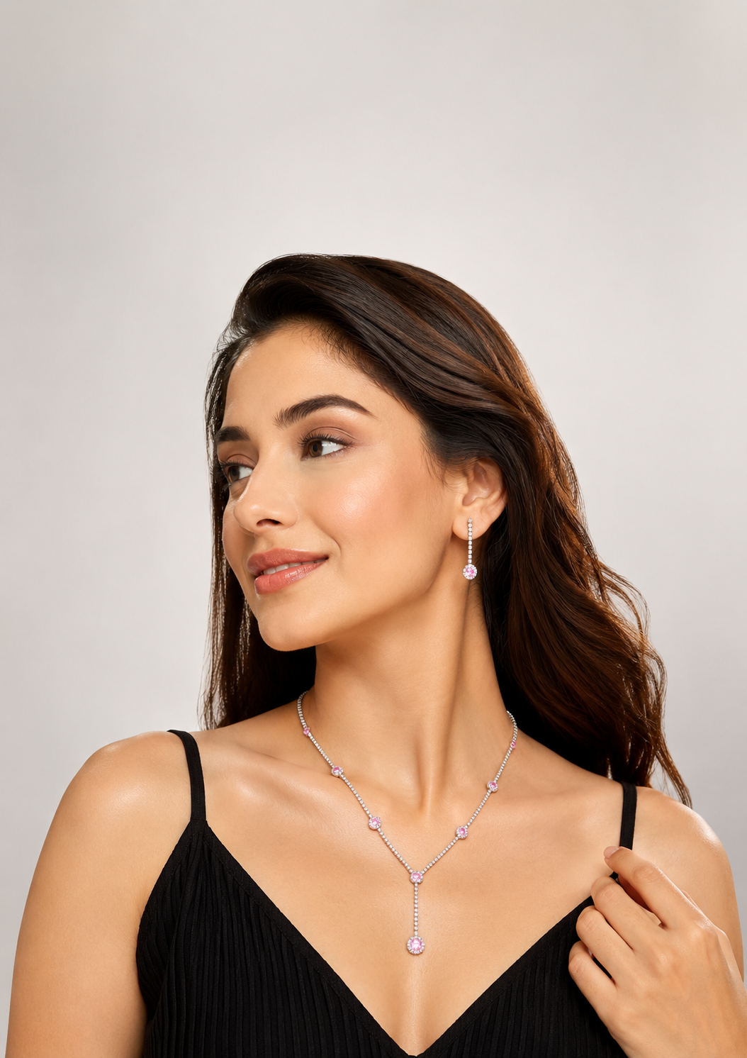 Pink Stone Crystal Necklace & Earring Set