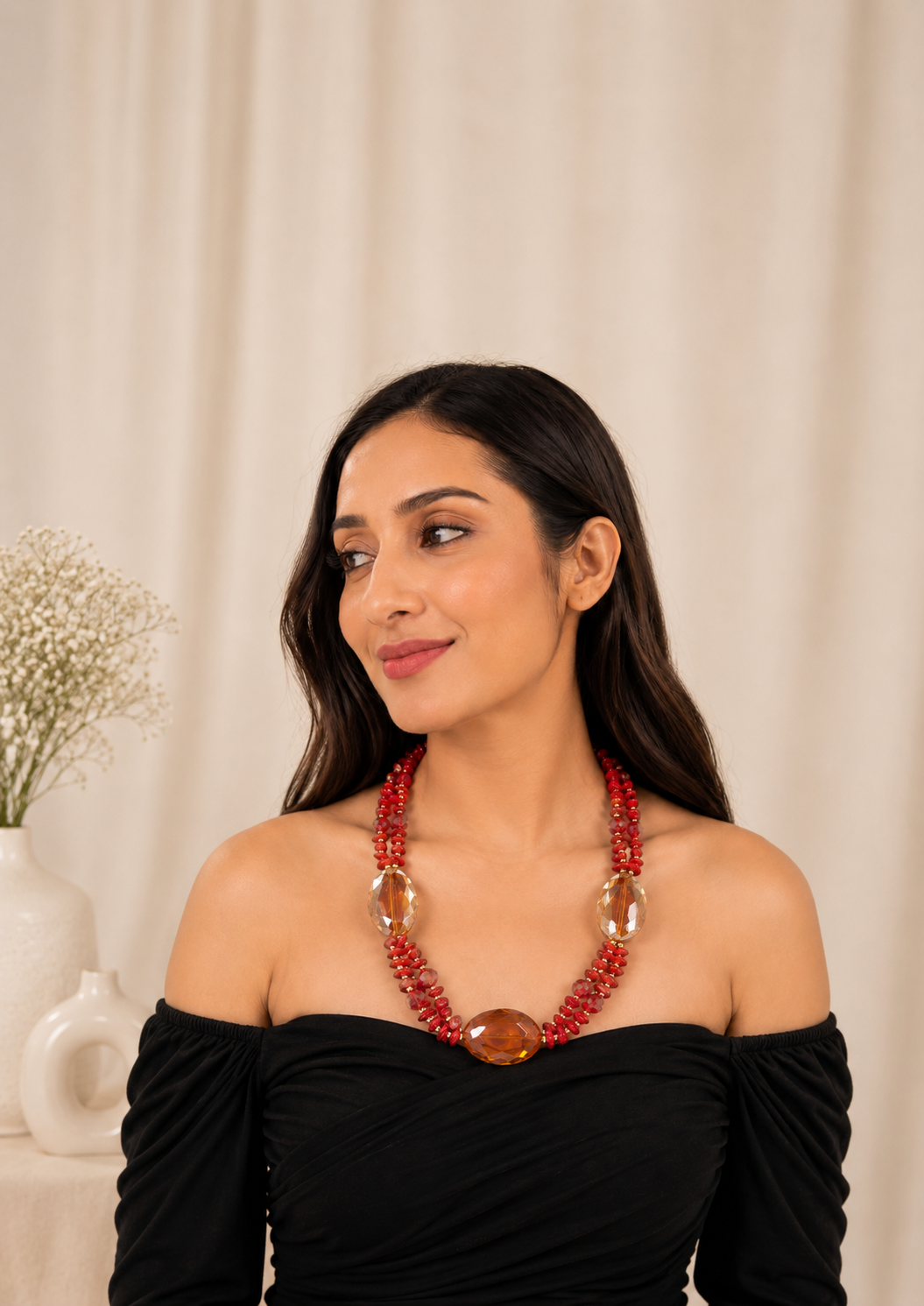 Coral Beaded Tassel Necklace