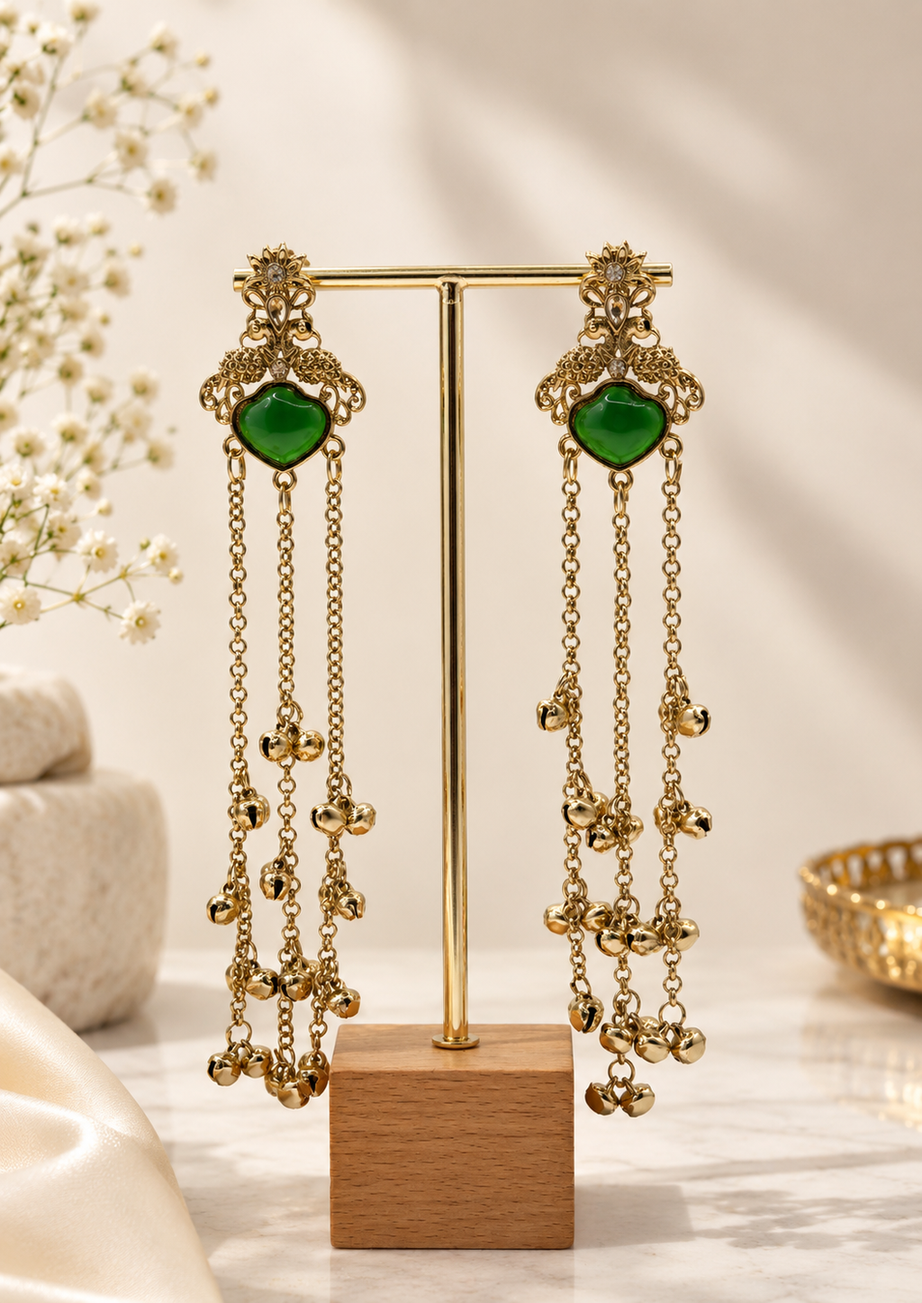 Emerald Heart Cascade Gold Statement Earrings