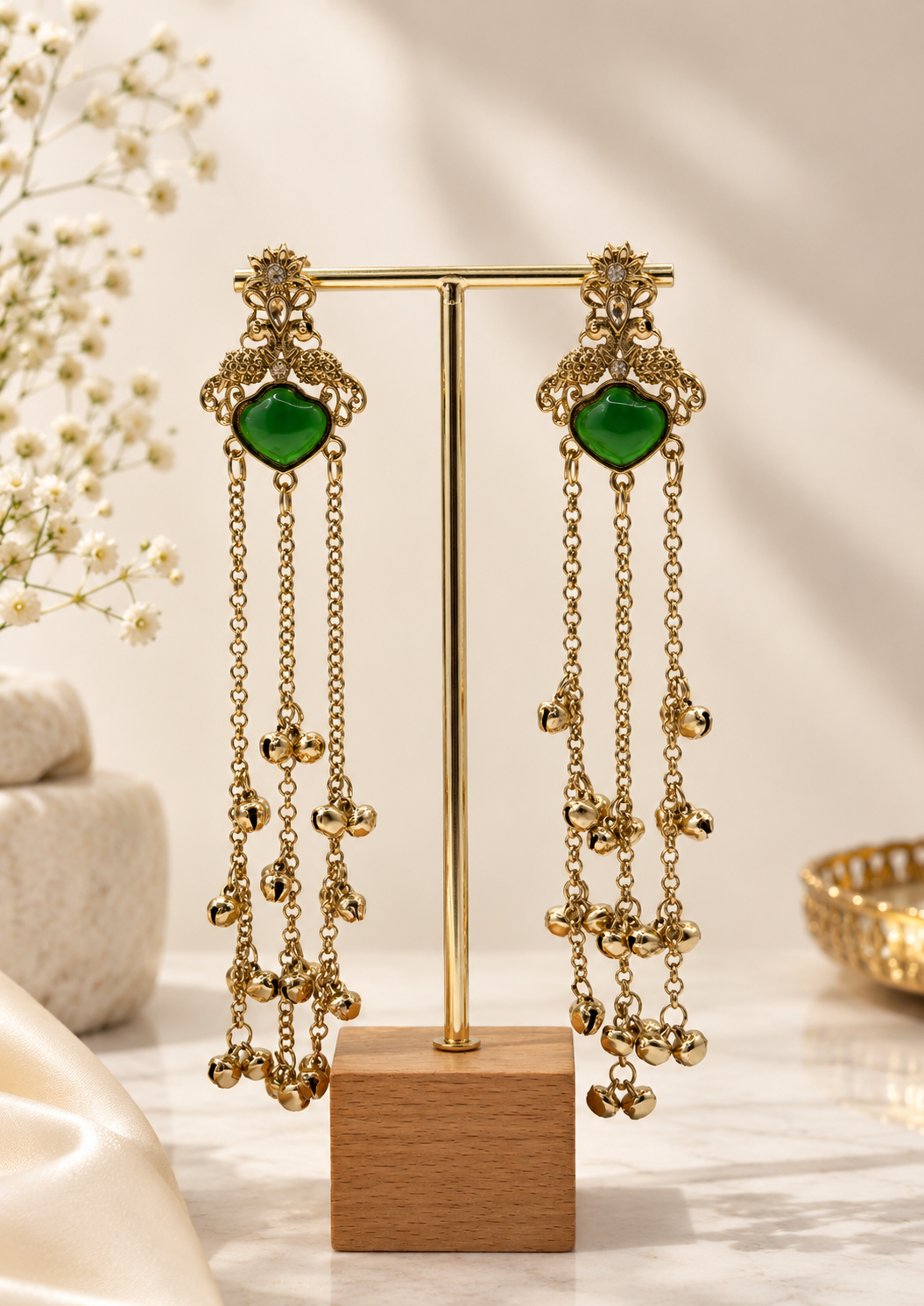 Emerald Heart Cascade Gold Statement Earrings