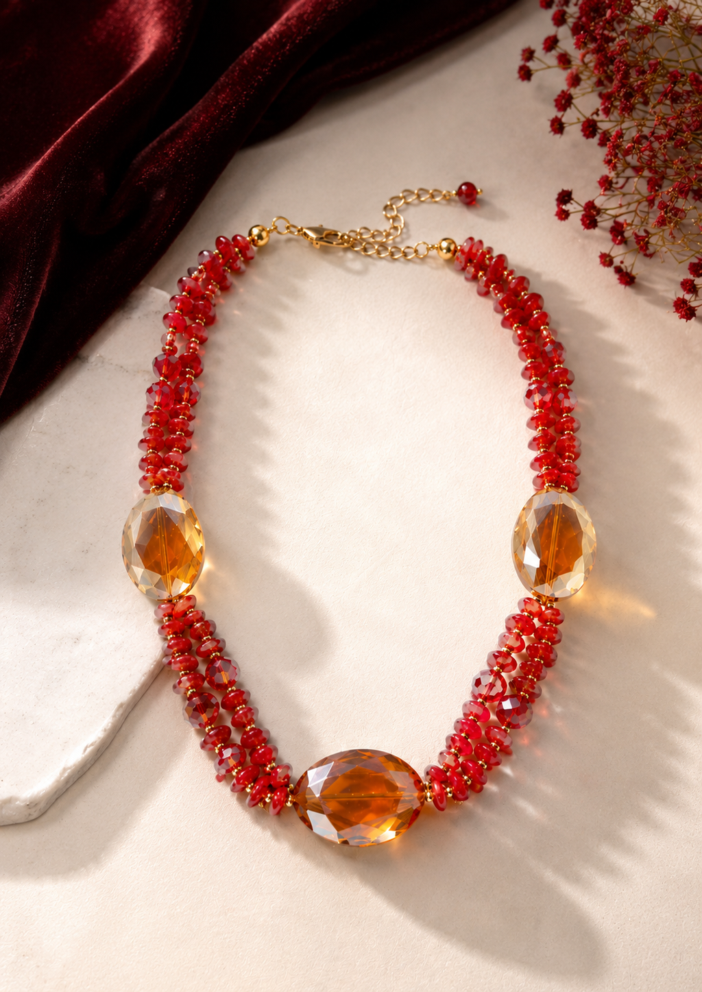 Coral Beaded Tassel Necklace