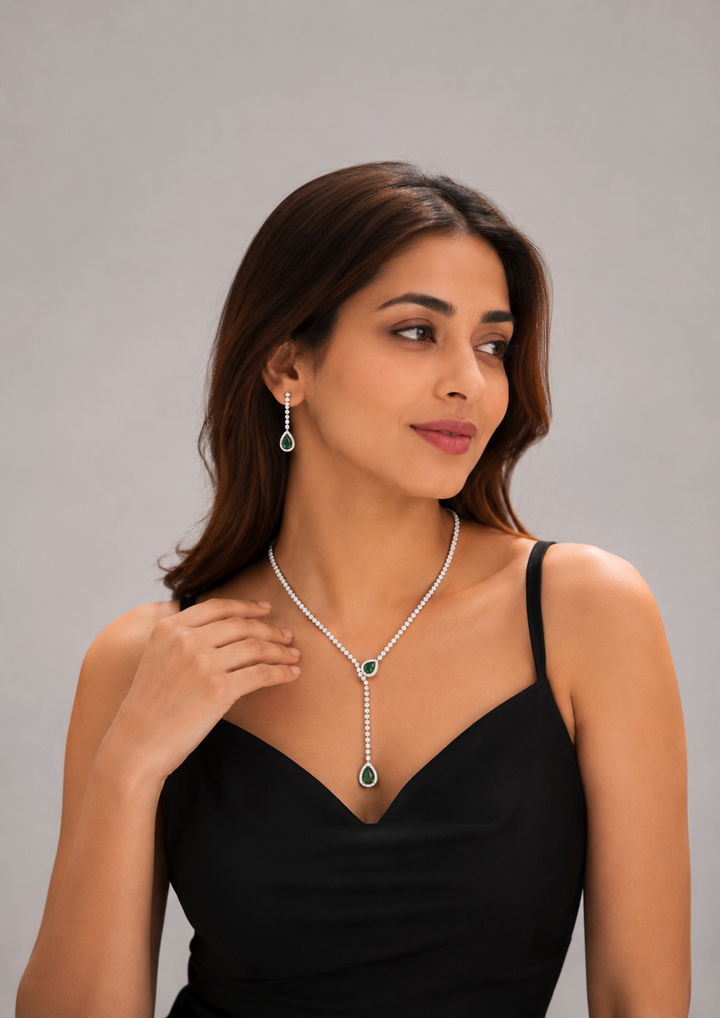 Emerald Drop Lariat Necklace Set