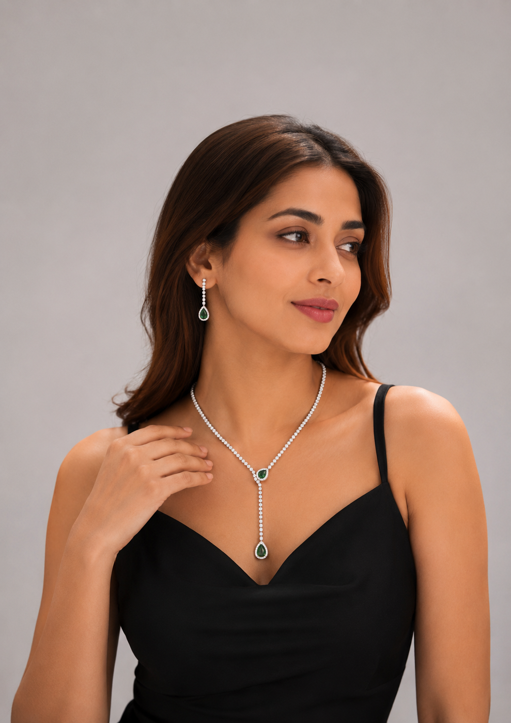 Emerald Drop Lariat Necklace Set