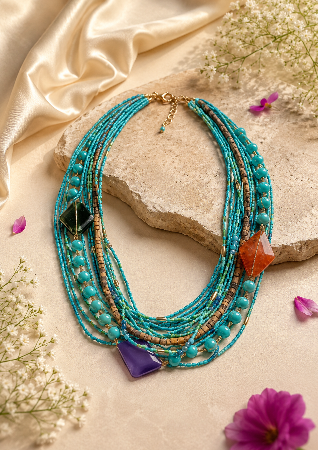 Turquoise Stone Multi-Layer Statement Necklace