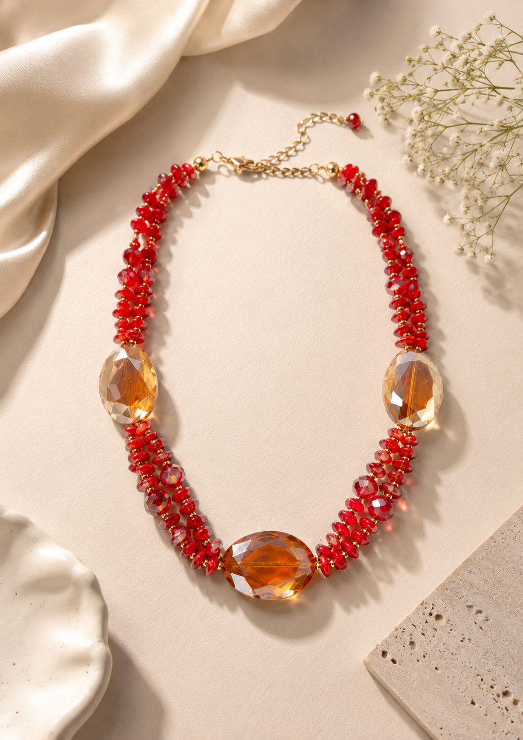 Coral Beaded Tassel Necklace