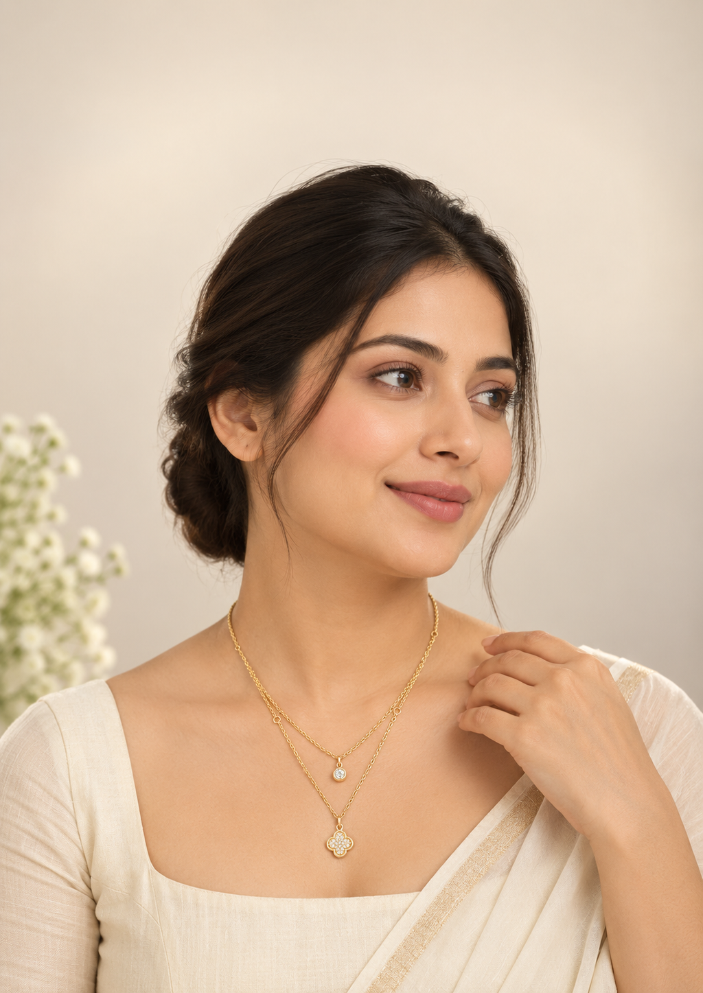 Dual-Layer Clover & Crystal Rose Gold Necklace