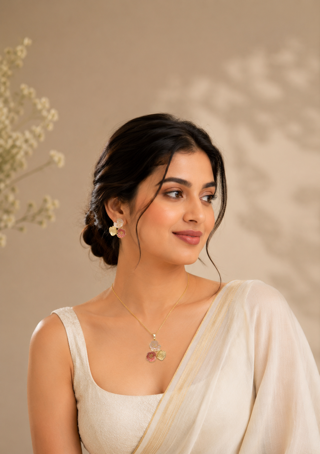 Floral Trio Gold Necklace & Earrings Set
