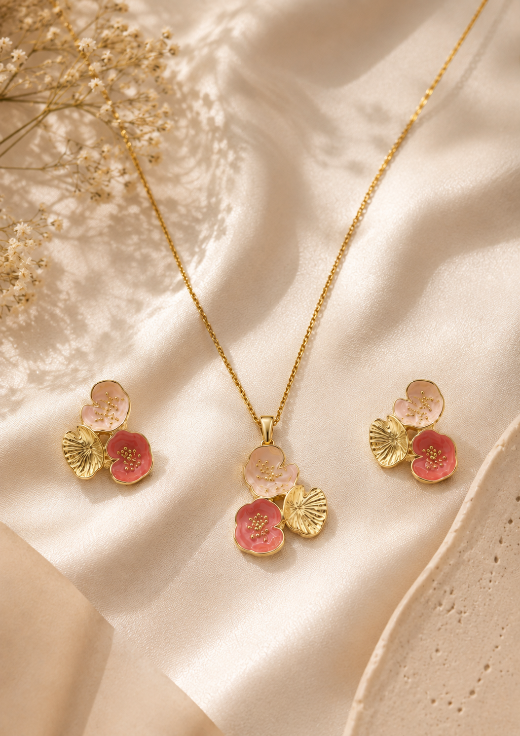 Floral Trio Gold Necklace & Earrings Set