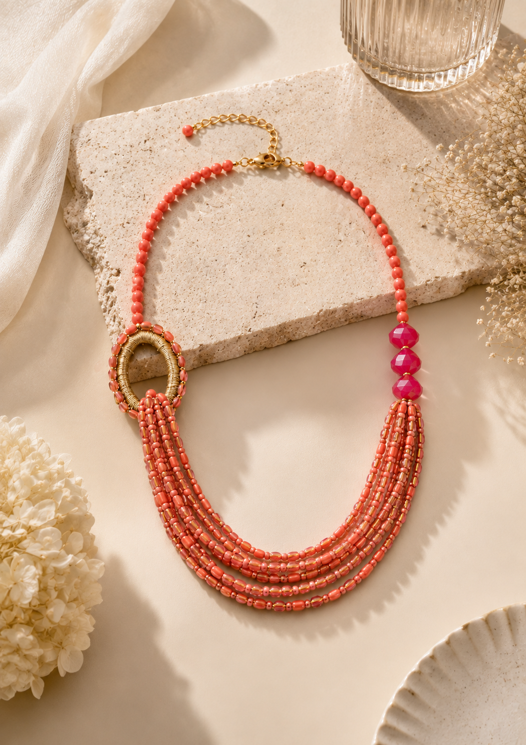 Multi-Strand Beaded Tassel Necklace