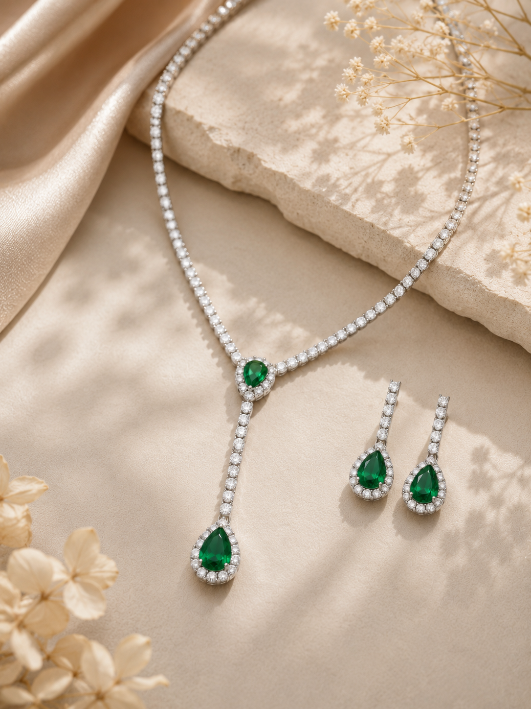 Emerald Drop Lariat Necklace Set