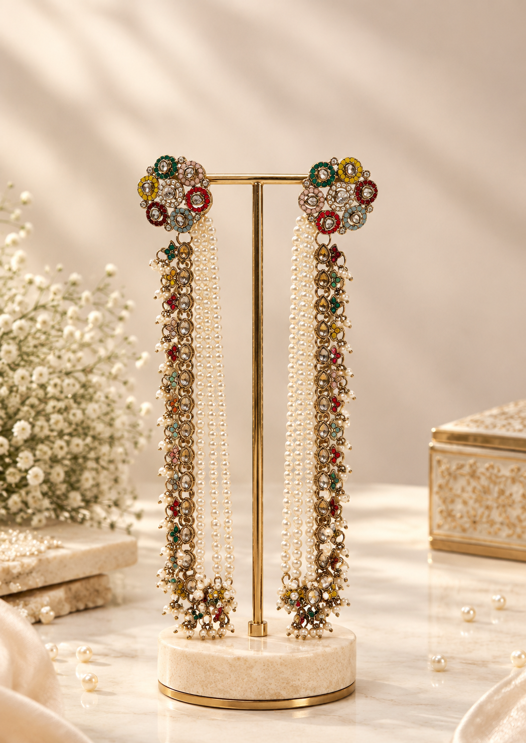Multicolor Pearl Long Chain Earrings
