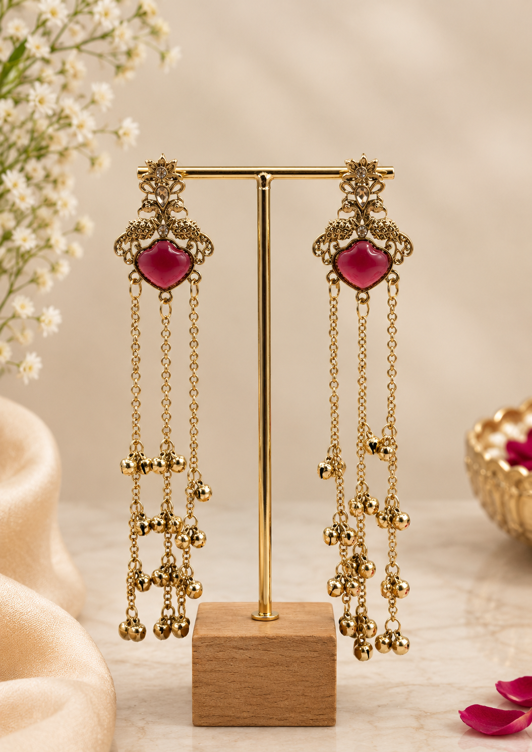 Ruby Heart Cascade Statement Earrings