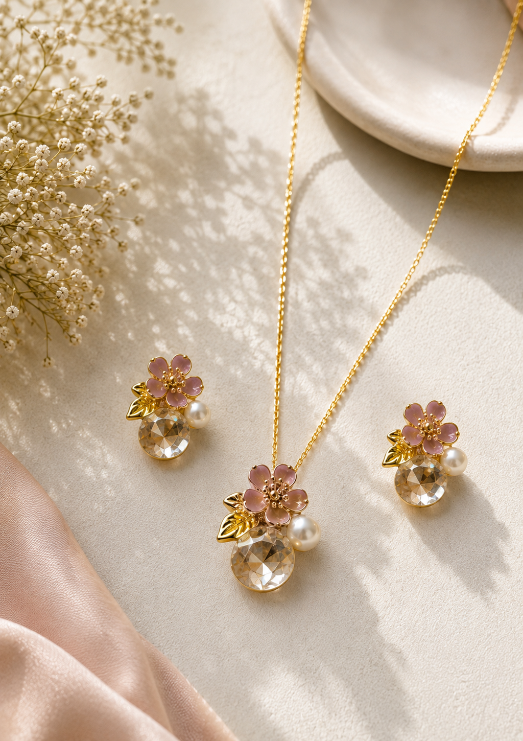 Floral Pearl & Crystal Necklace Set