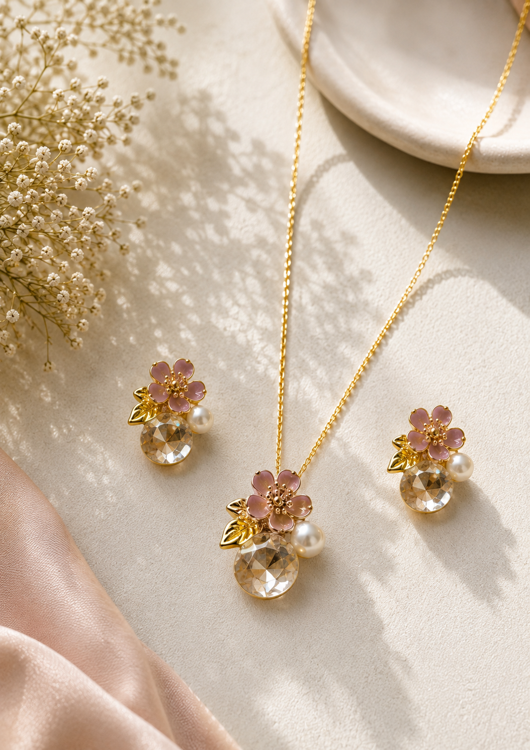 Floral Pearl & Crystal Necklace Set