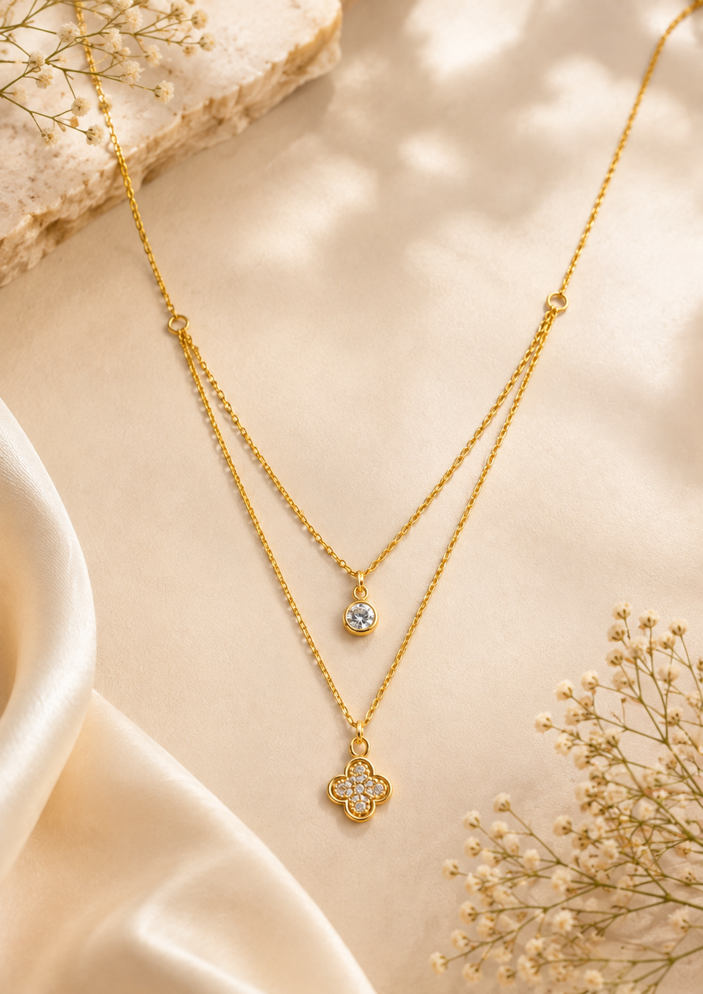 Dual-Layer Clover & Crystal Rose Gold Necklace