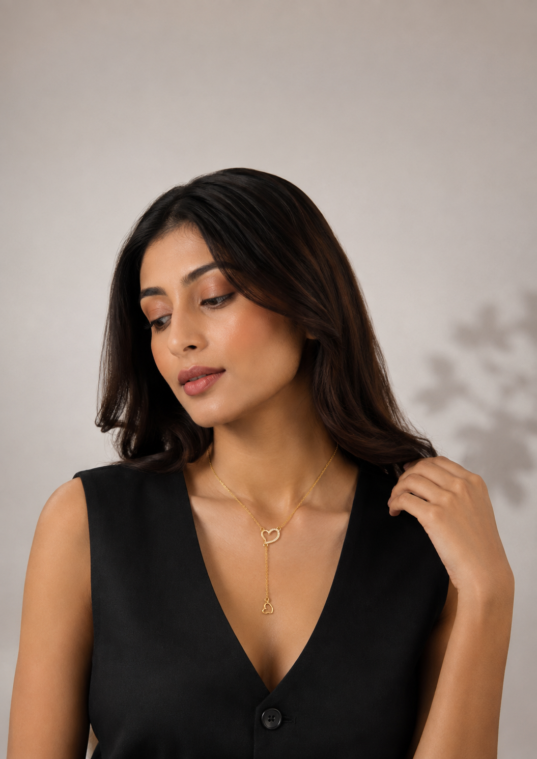 Elegant Double Rose Gold Heart Lariat Necklace