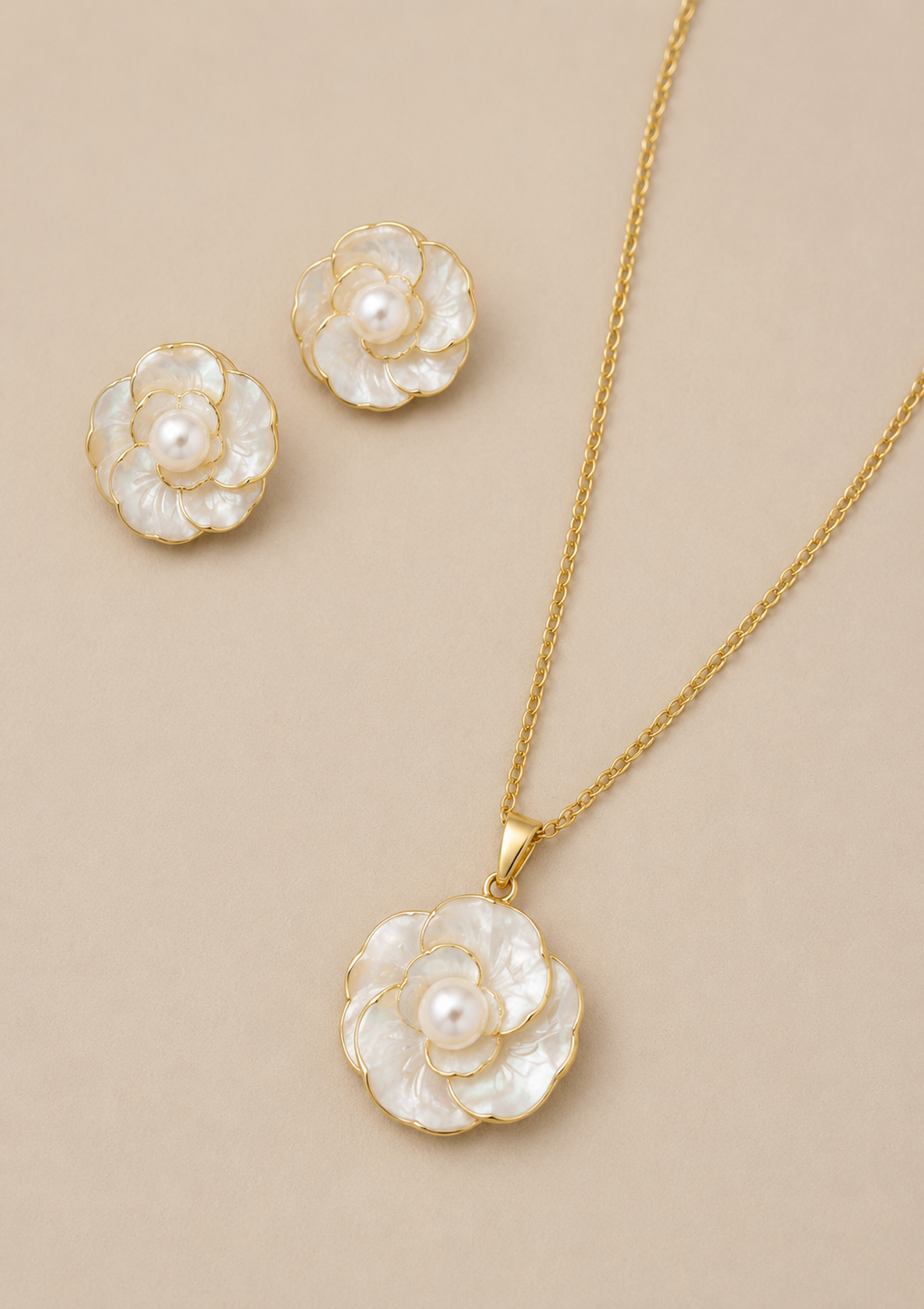 Pearl Flower Necklace & Earrings Set
