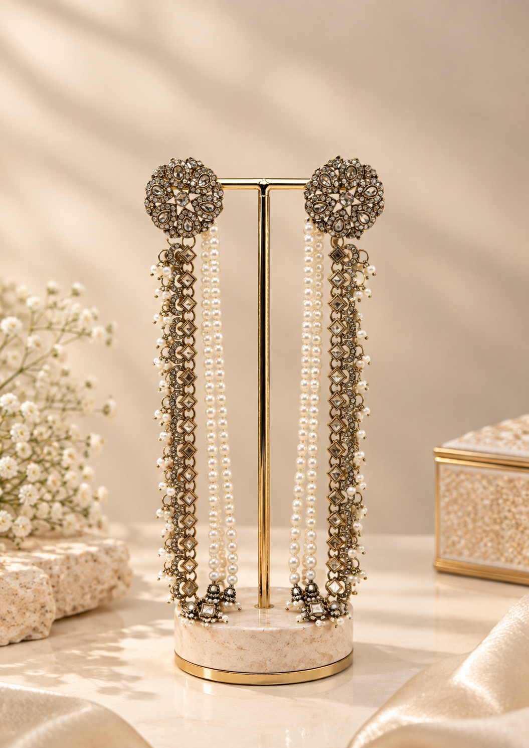 Antique Pearl & Stone Long Drop Earrings