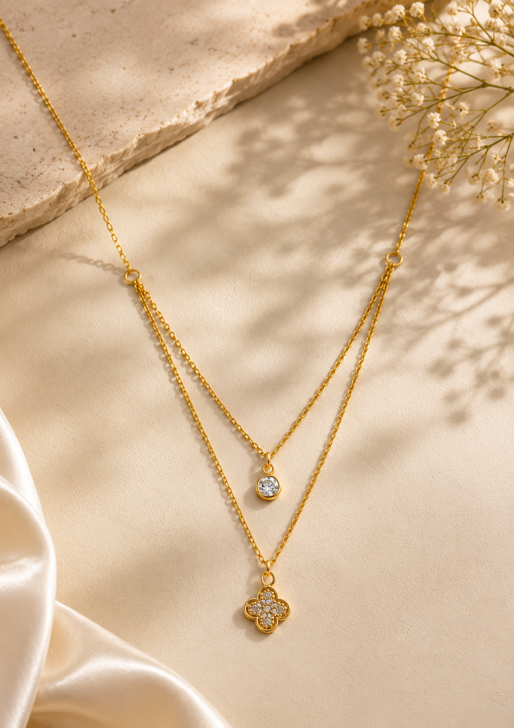 Dual-Layer Clover & Crystal Rose Gold Necklace