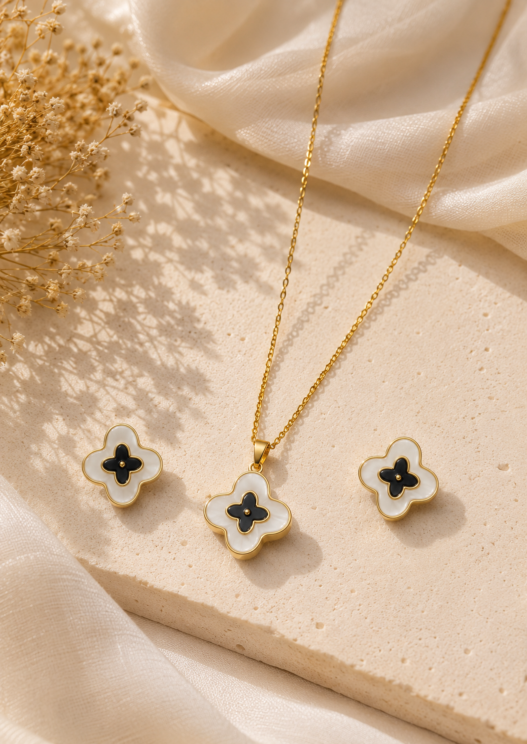 Black & White Clover Necklace & Earrings Set