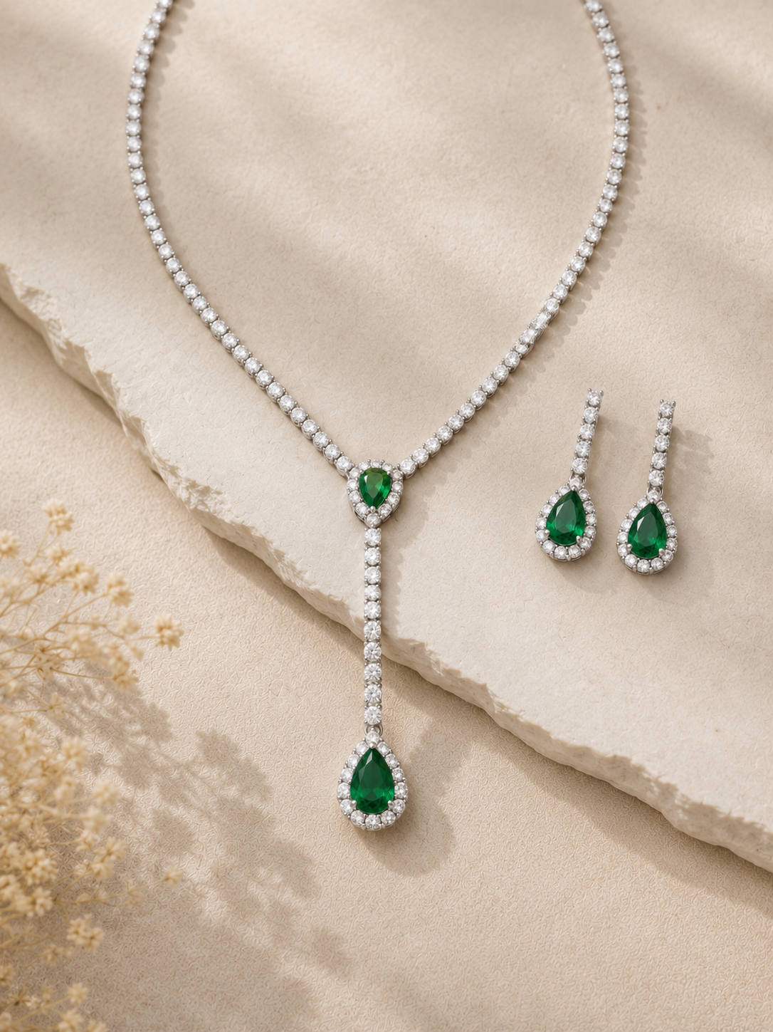 Emerald Drop Lariat Necklace Set