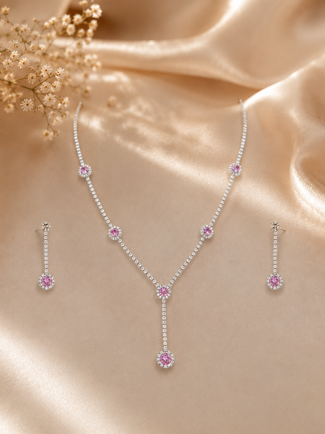 Pink Stone Crystal Necklace & Earring Set