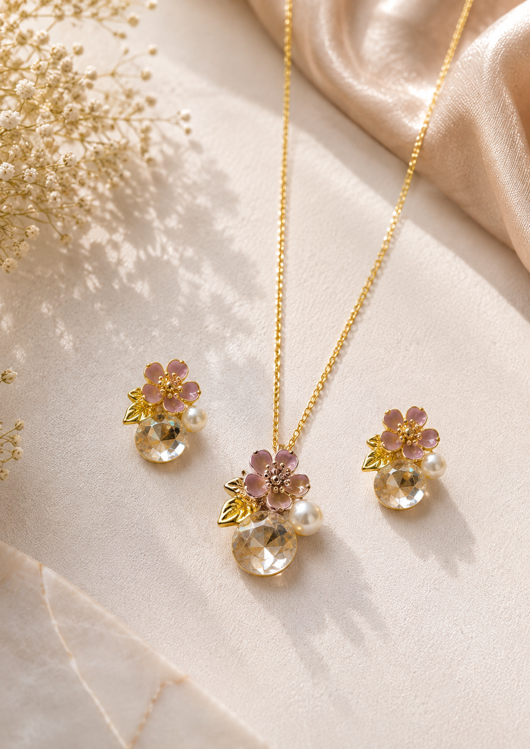 Floral Pearl & Crystal Necklace Set